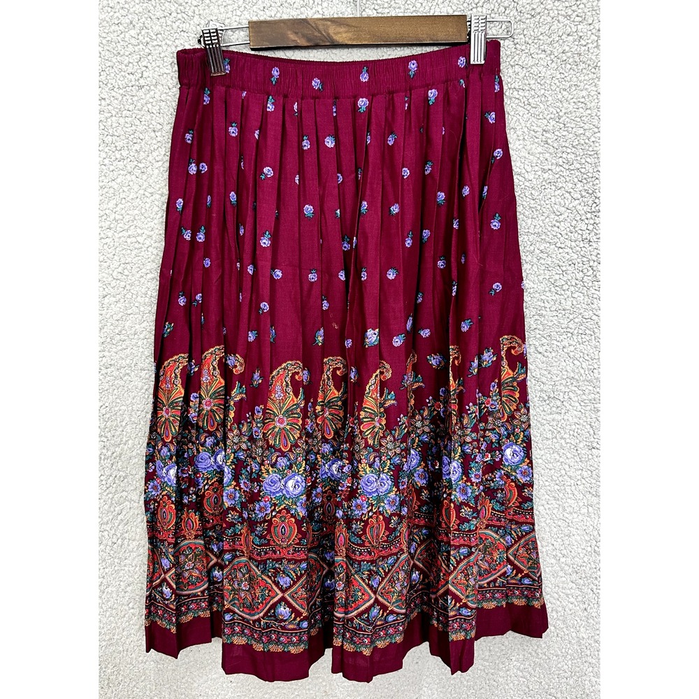Kay Warner Paisley Skirt M Purple Floral Pleated Midi Boho Hippie‎ Festival